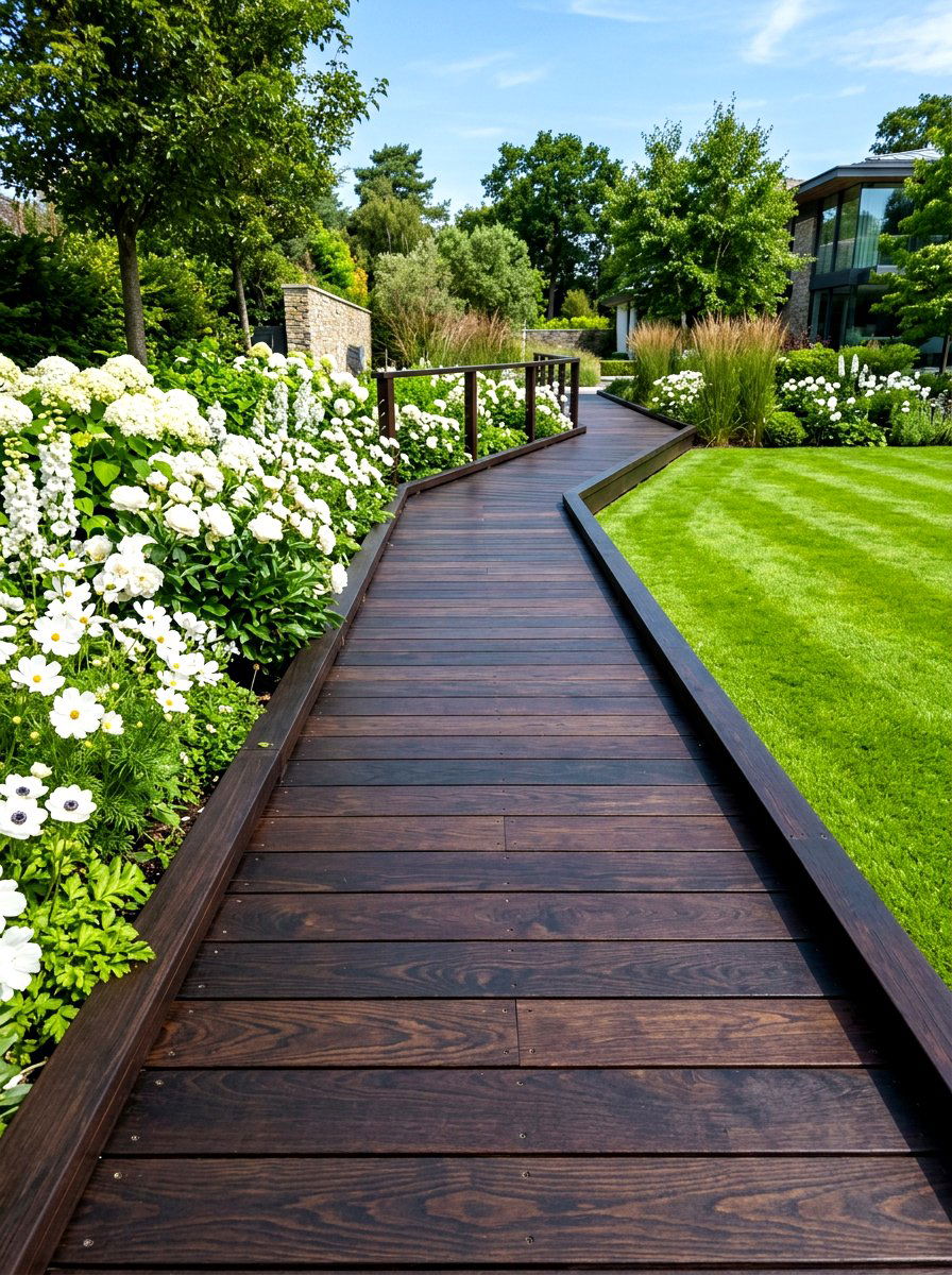 Dark Stained Boardwalk - 30 boardwalk garden path ideas