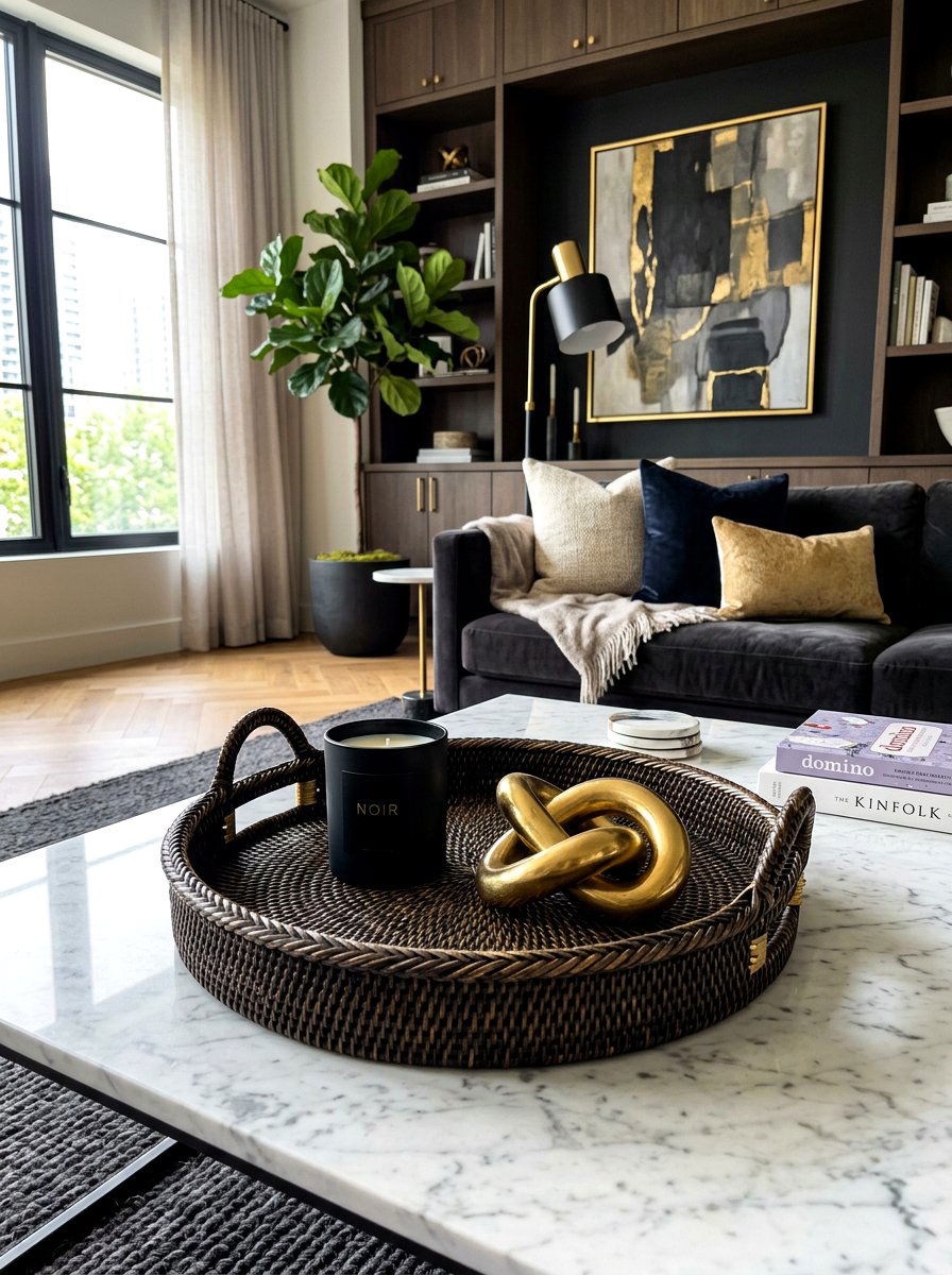 Dark Stained Rattan Tray - 30 woven tray decor ideas