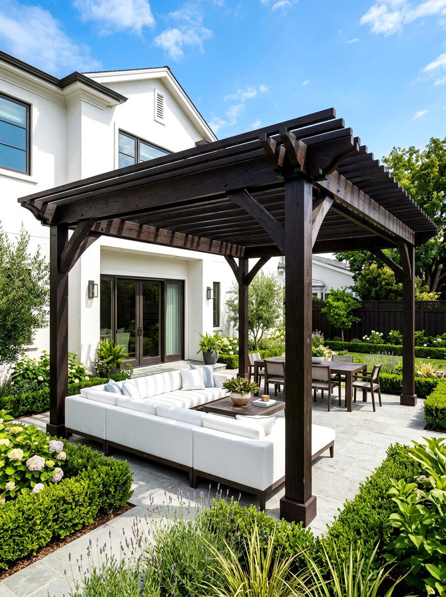 Dark Stained Wood Pergola - 30 attached pergola ideas
