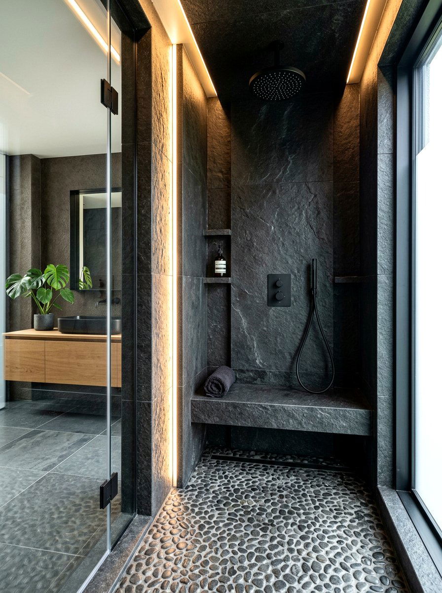 Dark Stone Shower - 30 moody bathroom ideas