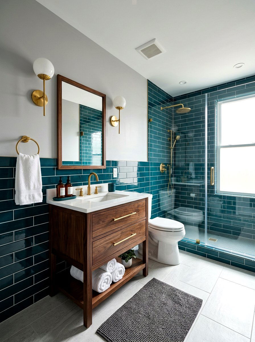 Dark Teal Glossy Tile Bathroom - 30 half tiled bathroom ideas