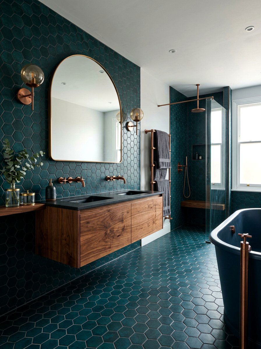 Dark Teal Hex Tile Bathroom - 30 hex tile bathroom ideas