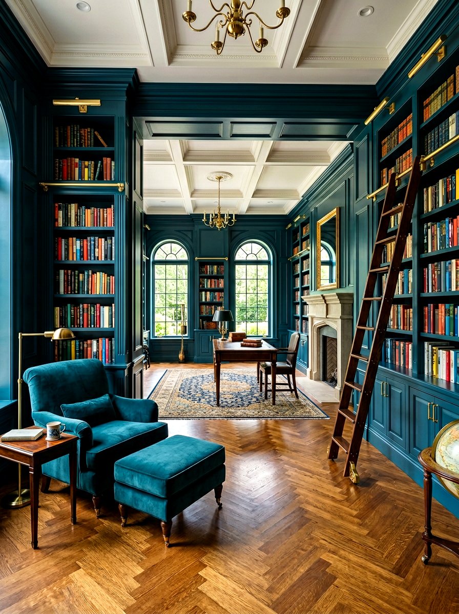Dark Teal Library - 30 moody home library ideas