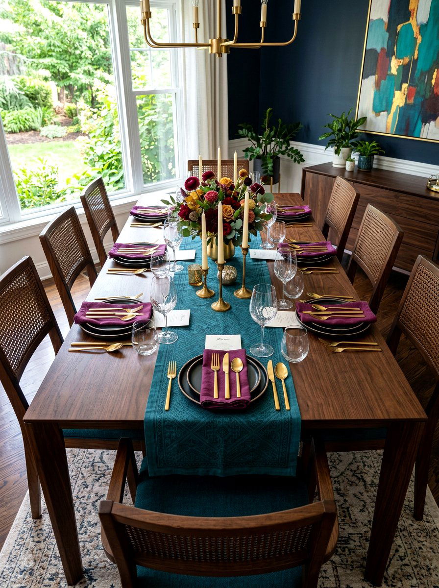 Dark Teal Table Runner - 30 moody berry tablescape ideas