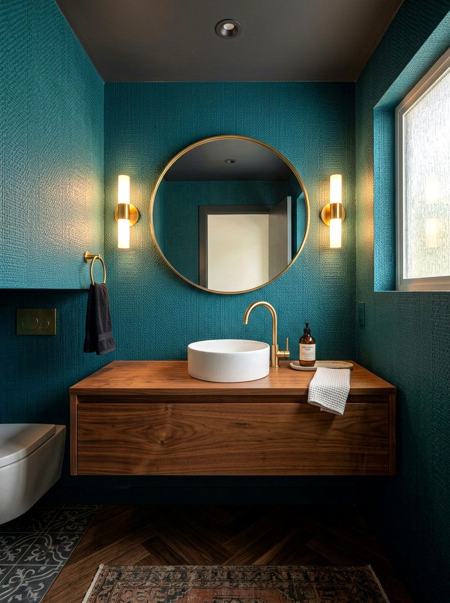 Dark Teal Textured Wallpaper - 30 wallpapered powder room ideas