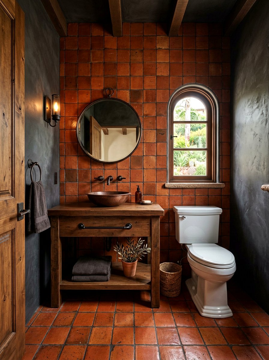 Dark Terracotta Tiles - 30 dark powder room ideas