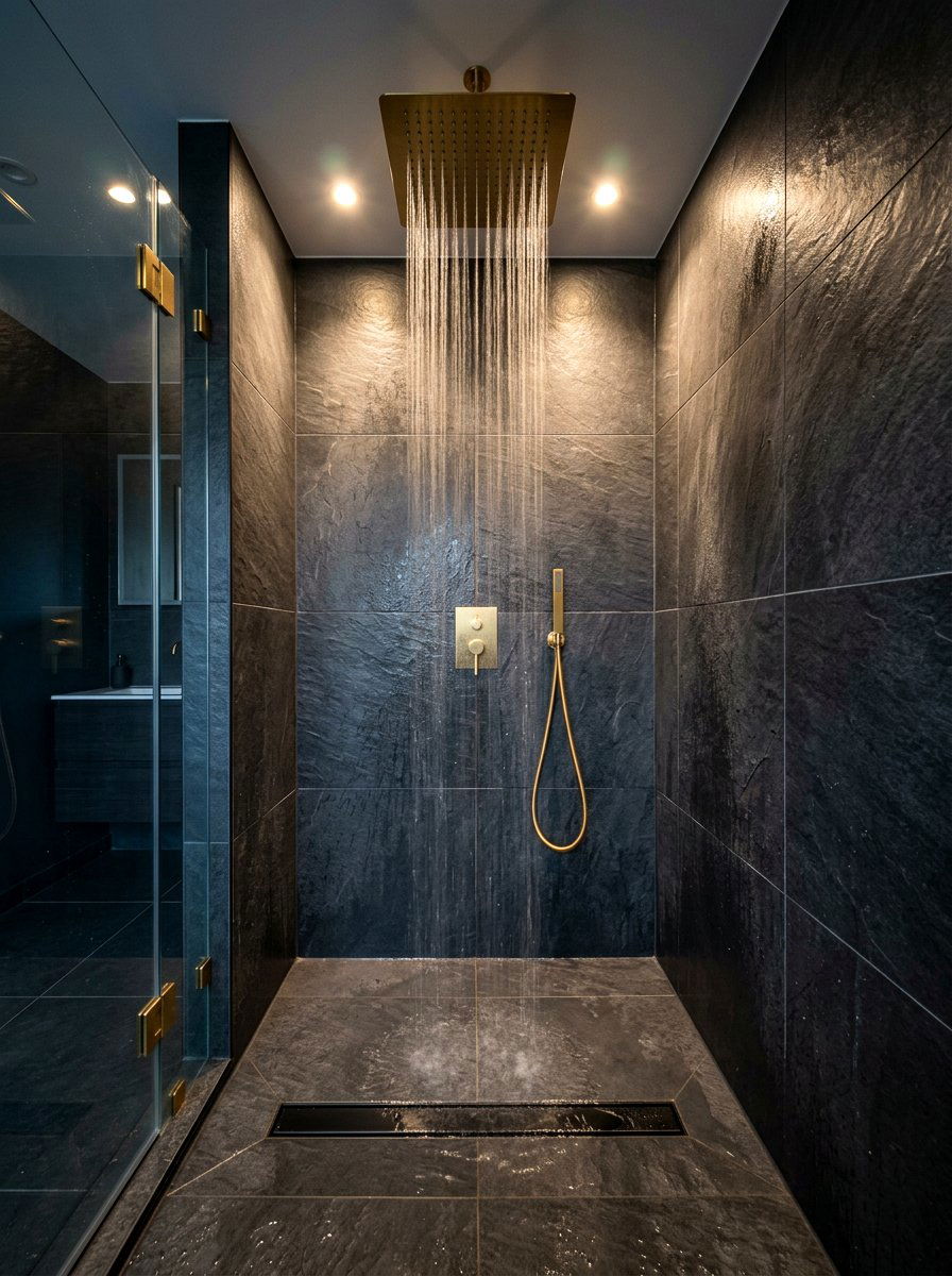 Dark Tile Rain Shower - 30 rain head shower bathroom ideas