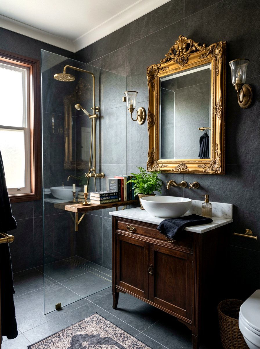 Dark Tiled Bathroom - 30 dark academia room ideas
