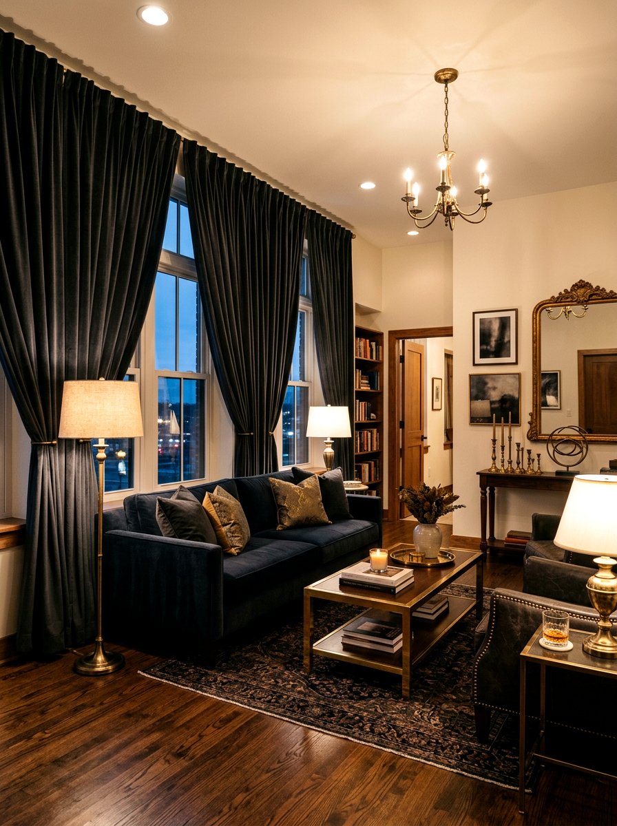Dark Velvet Living Room - 30 tailored drapery living room ideas
