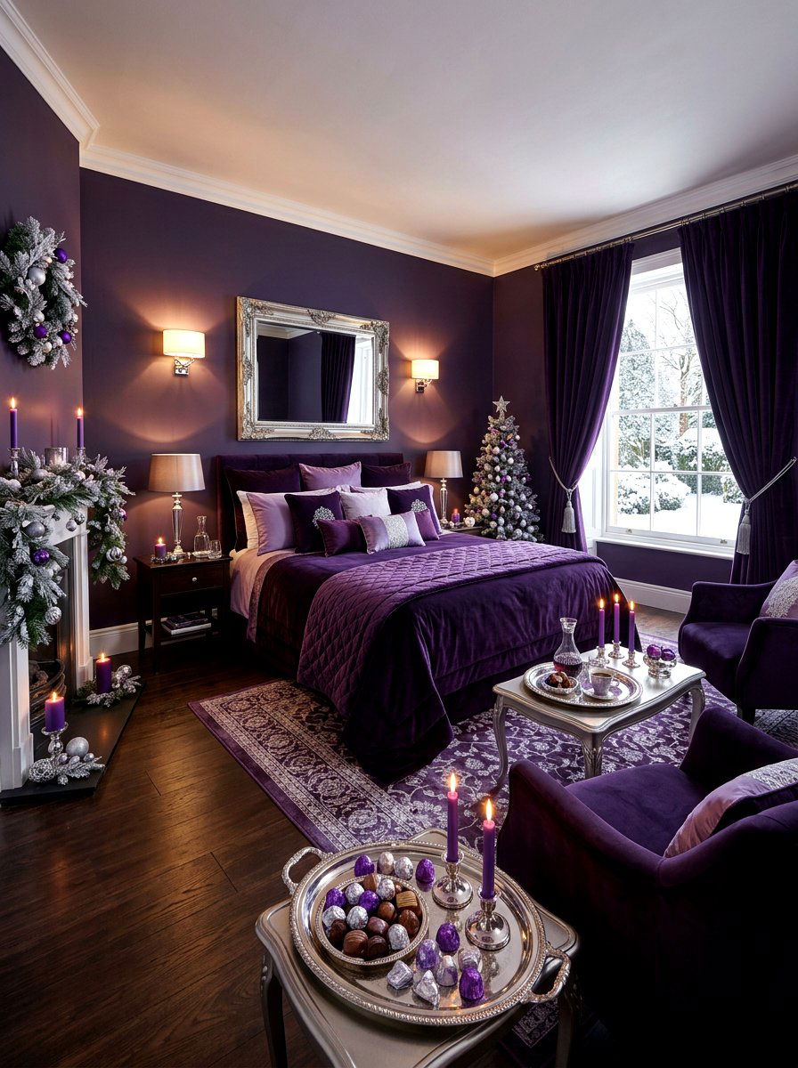 Dark Violet Festive Guest Suite - 30 jewel tone holiday decor ideas