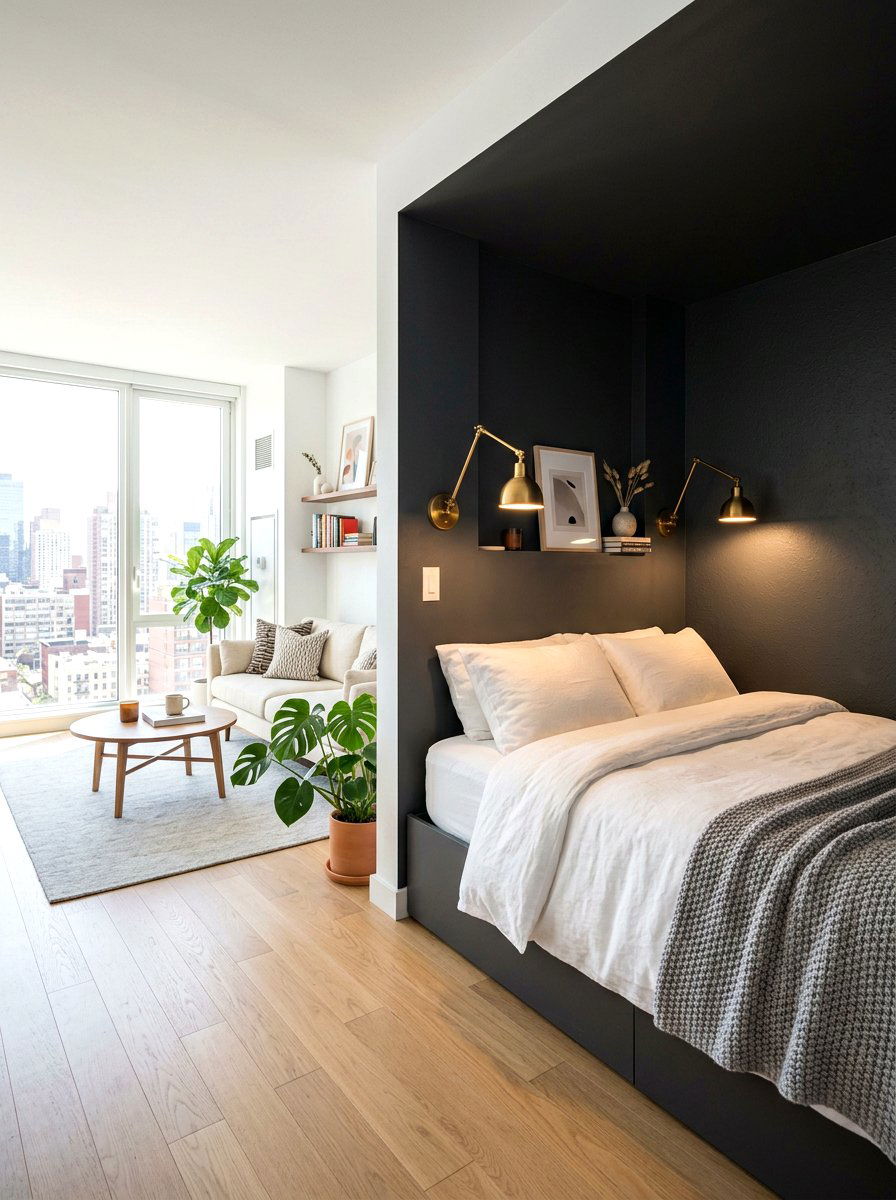 Dark Wall Studio Bed - 30 bed nook studio ideas