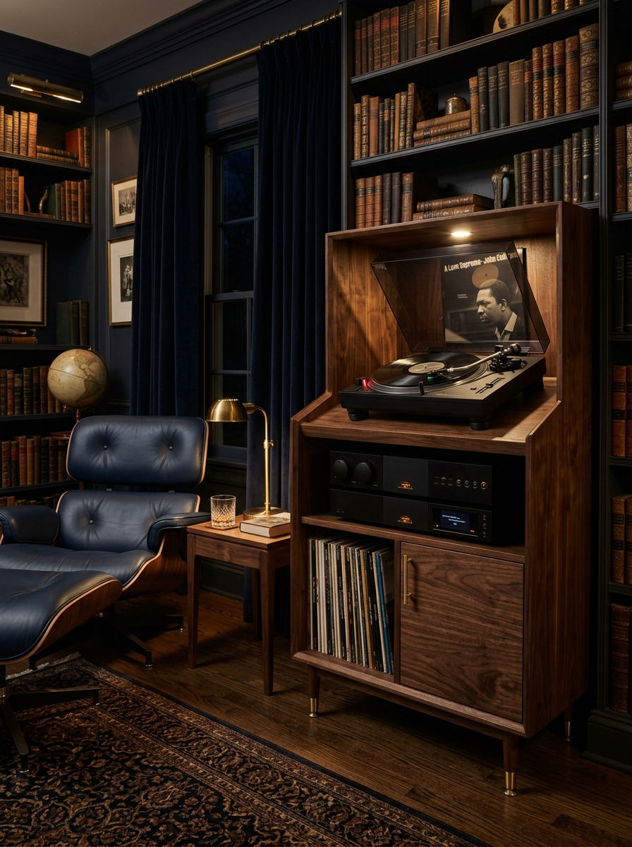 Dark Walnut Audio Cabinet - 30 vinyl listening corner ideas