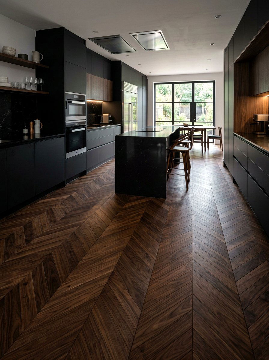 Dark Walnut Chevron Floor - 30 parquet kitchen floor ideas