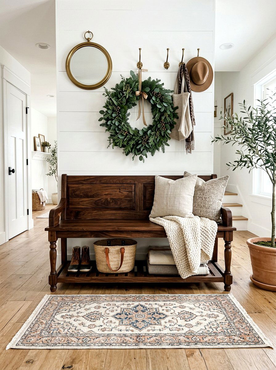 Dark Walnut Farmhouse Bench - 30 farmhouse entryway bench ideas