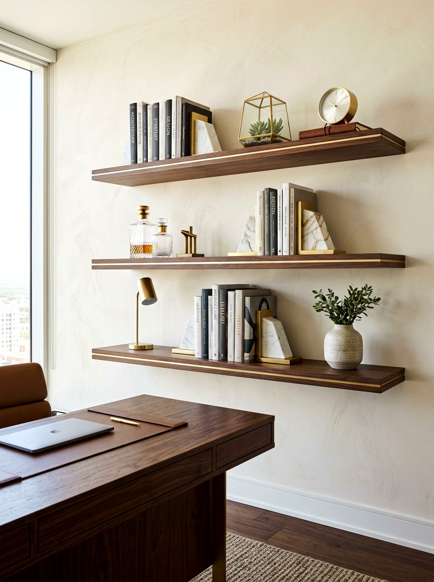 Dark Walnut Floating Shelves - 30 office backdrop shelf ideas