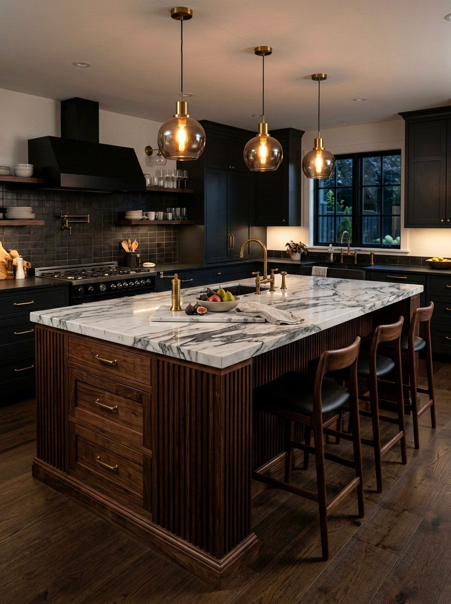 Dark Walnut Fluted Kitchen Island - 30 reeded wood kitchen island ideas