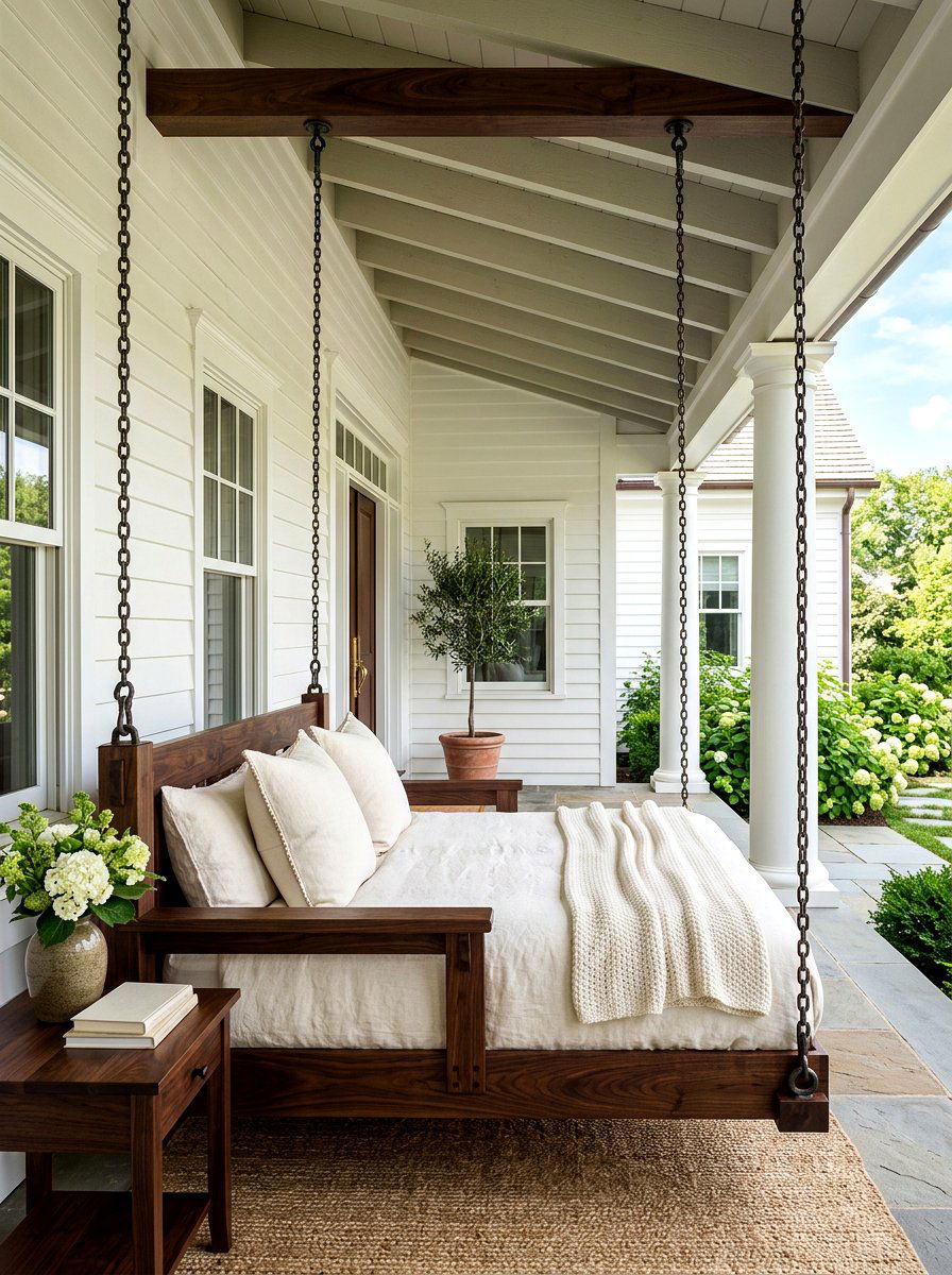 Dark Walnut Hanging Bed - 30 porch daybed swing ideas