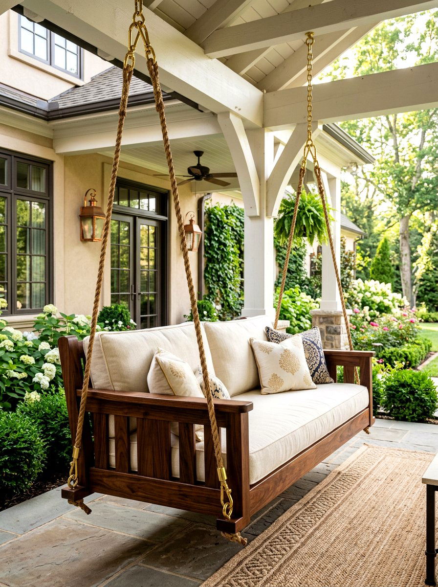 Dark Walnut Porch Swing - 30 front porch swing ideas