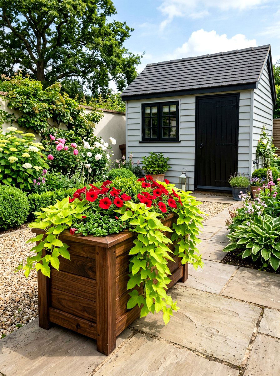 Dark Walnut Stained Box - 30 shed flower box ideas