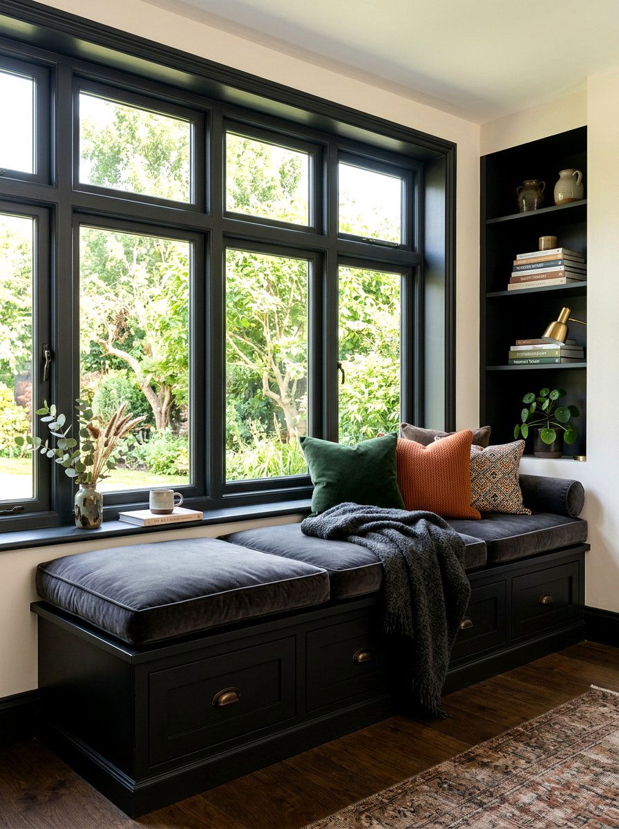 Dark Window Seat - 30 moody reader nook ideas