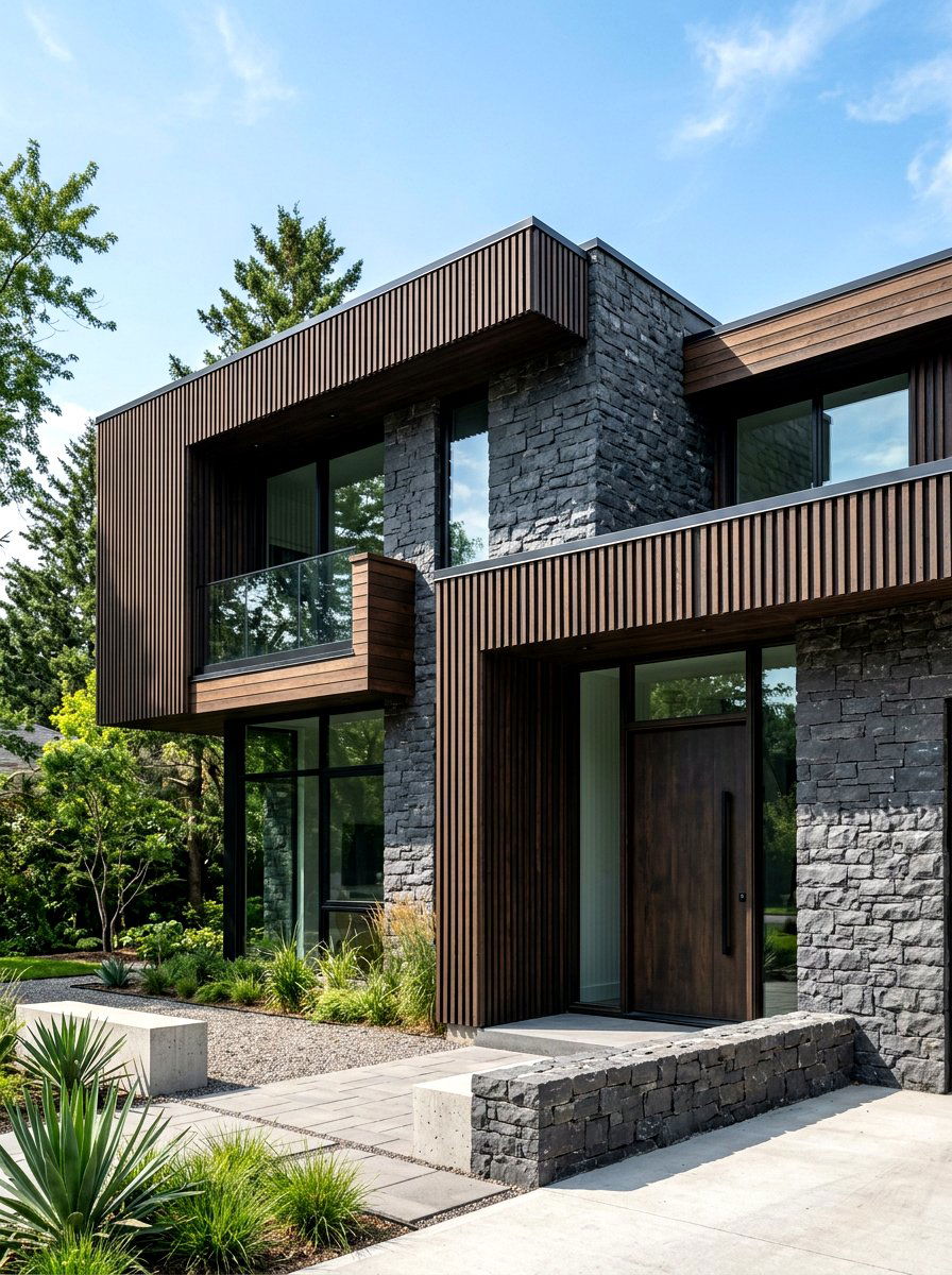 Dark Wood Accents On Gray Stone - 30 stone and wood exterior ideas