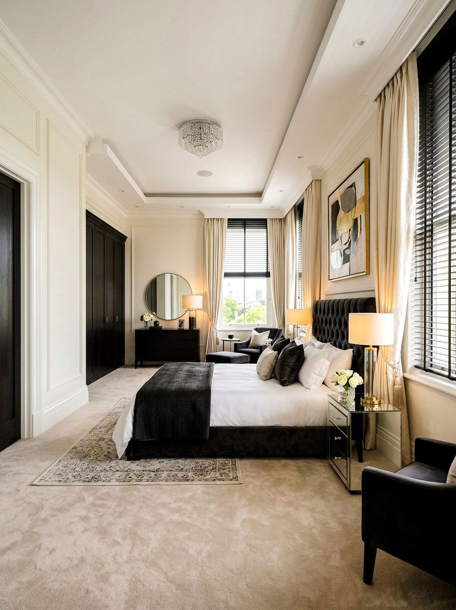 Dark Wood Blind With Cream Drapes - 30 blind and curtain combo ideas