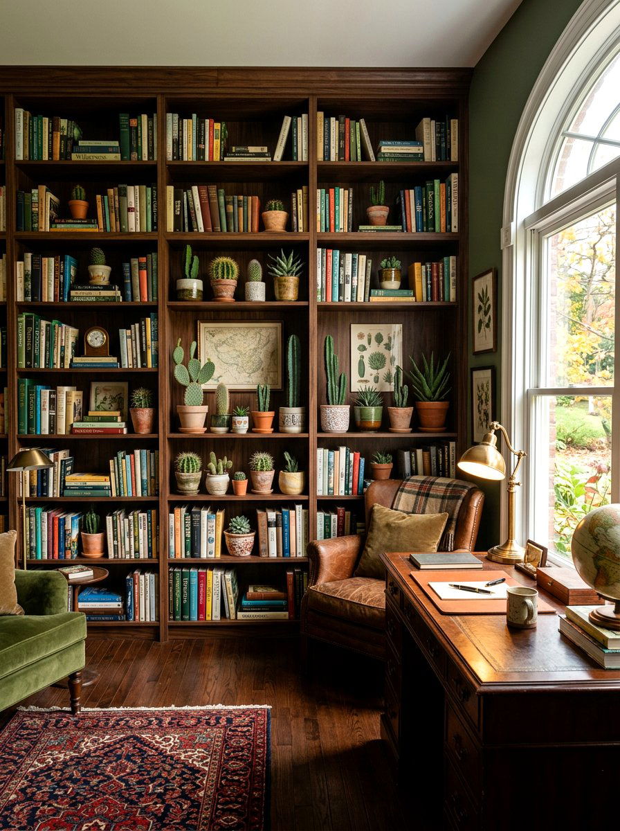 Dark Wood Bookshelf - 30 cactus shelf ideas
