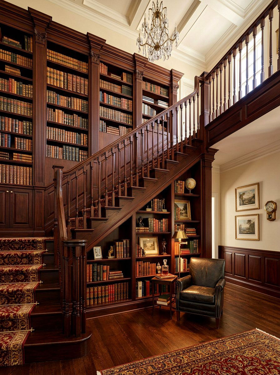 Dark Wood Built In Staircase Library - 30 under staircase bookshelf ideas