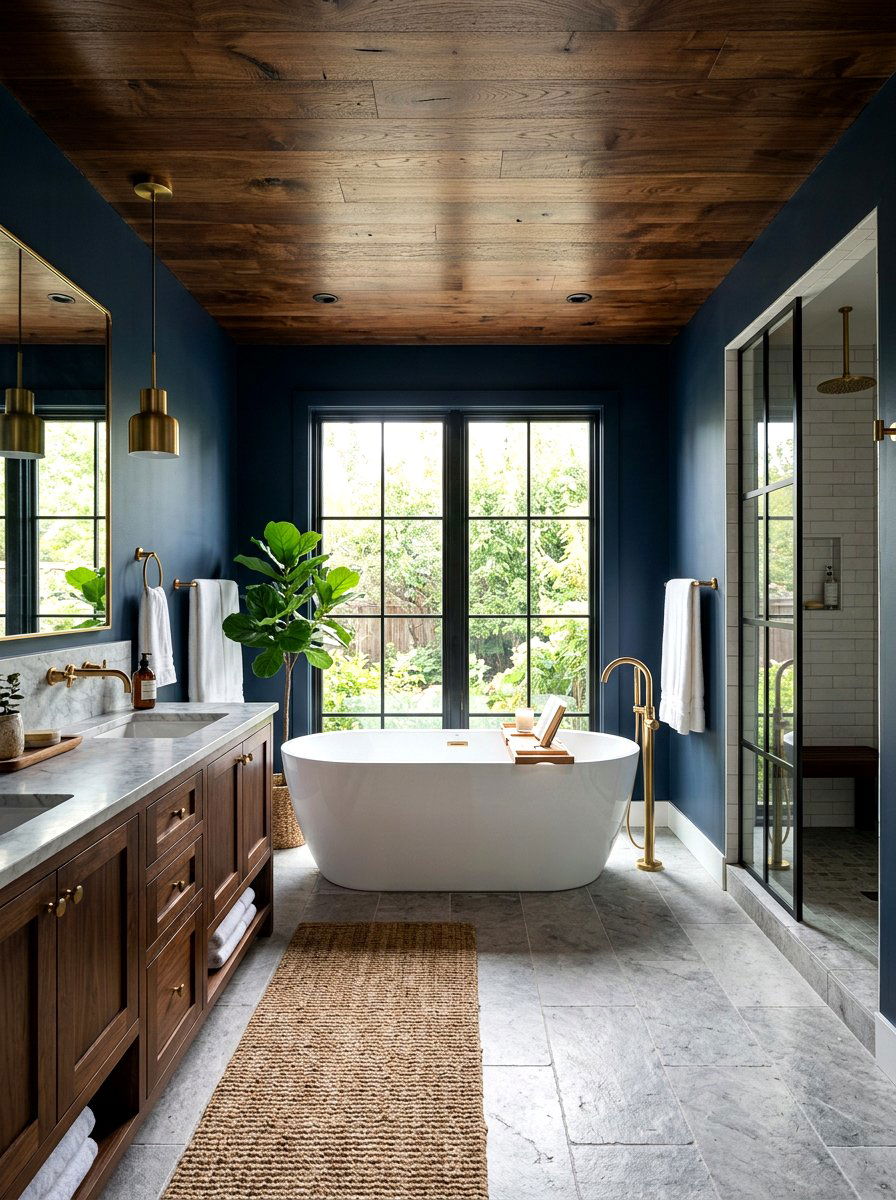 Dark Wood Ceiling Bathroom - 30 moody farmhouse bathroom ideas
