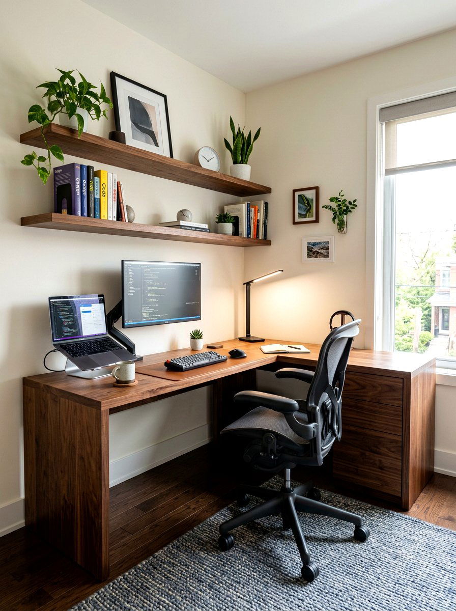 Dark Wood Corner Workspace - 30 dark wood office ideas