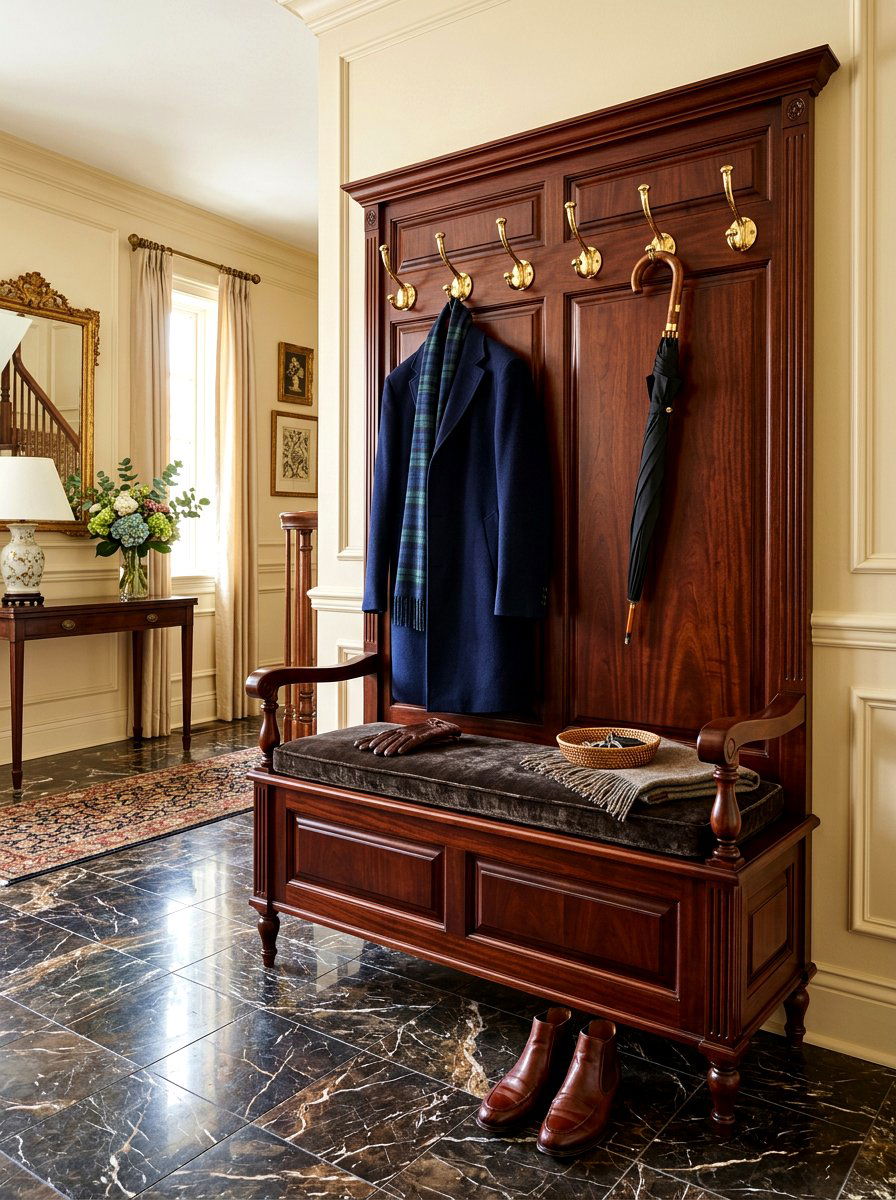 Dark Wood Entry Bench With Brass Hooks - 30 entry bench and hooks ideas