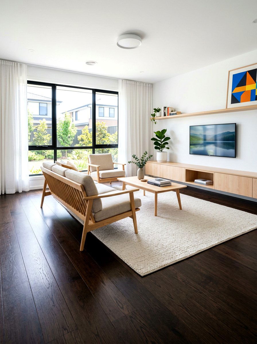 Dark Wood Floors with Light Wood Furniture Layout - 30 mixed wood tone decor ideas
