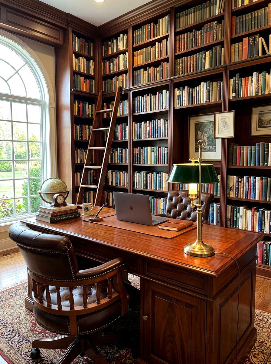 Dark Wood Library Desk Setup - 30 moody library living room ideas