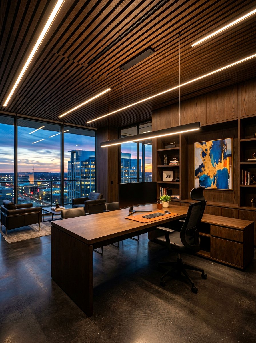 Dark Wood Office Linear Lighting - 30 dark wood office ideas