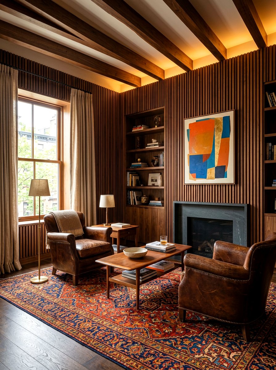 Dark Wood Paneled Lounge - 30 moody lounge room ideas