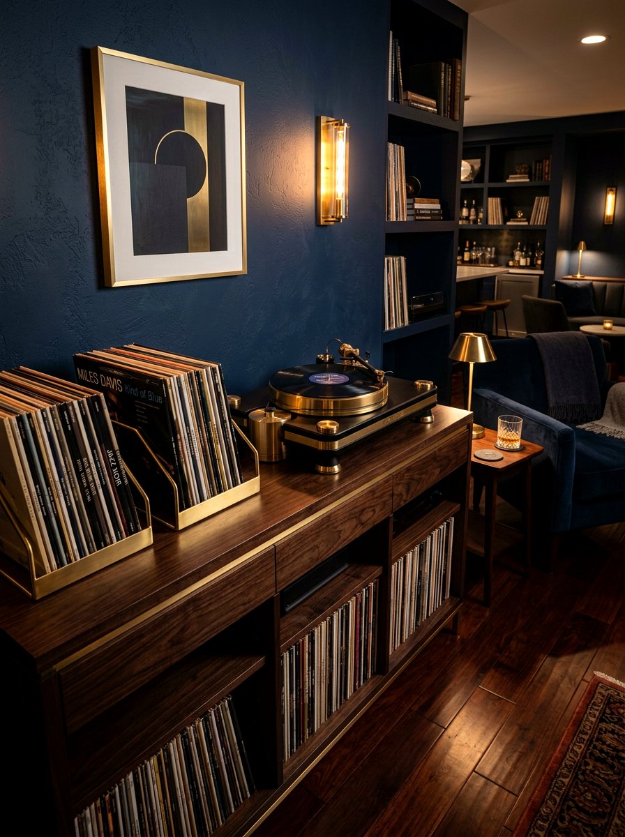 Dark Wood Record Console - 30 record player corner ideas