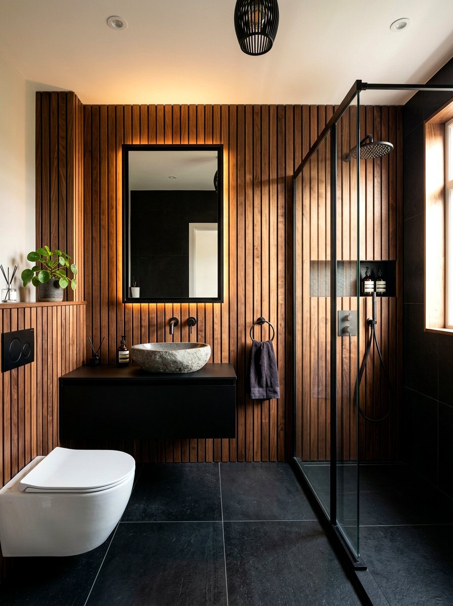 Dark Wood Slat Bathroom - 30 moody bathroom ideas