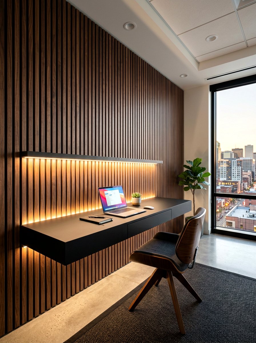 Dark Wood Slat Wall - 30 dark wood office ideas