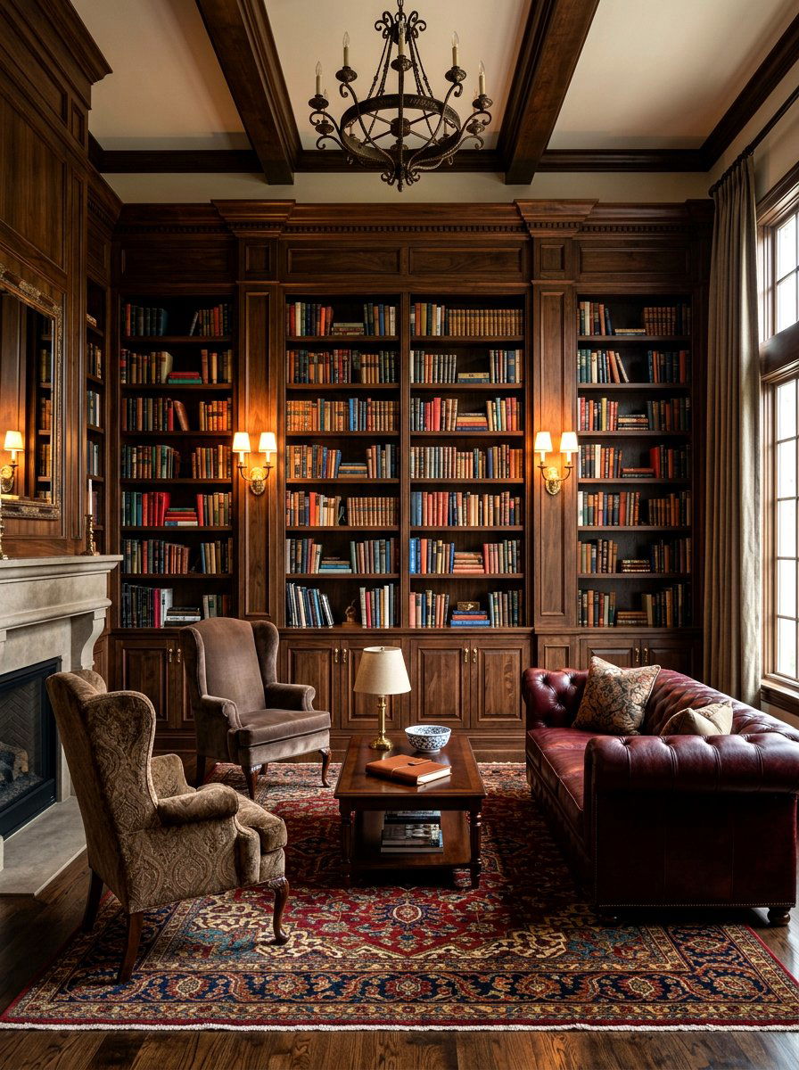 Dark Wood Traditional Book Wall - 30 book wall living room ideas