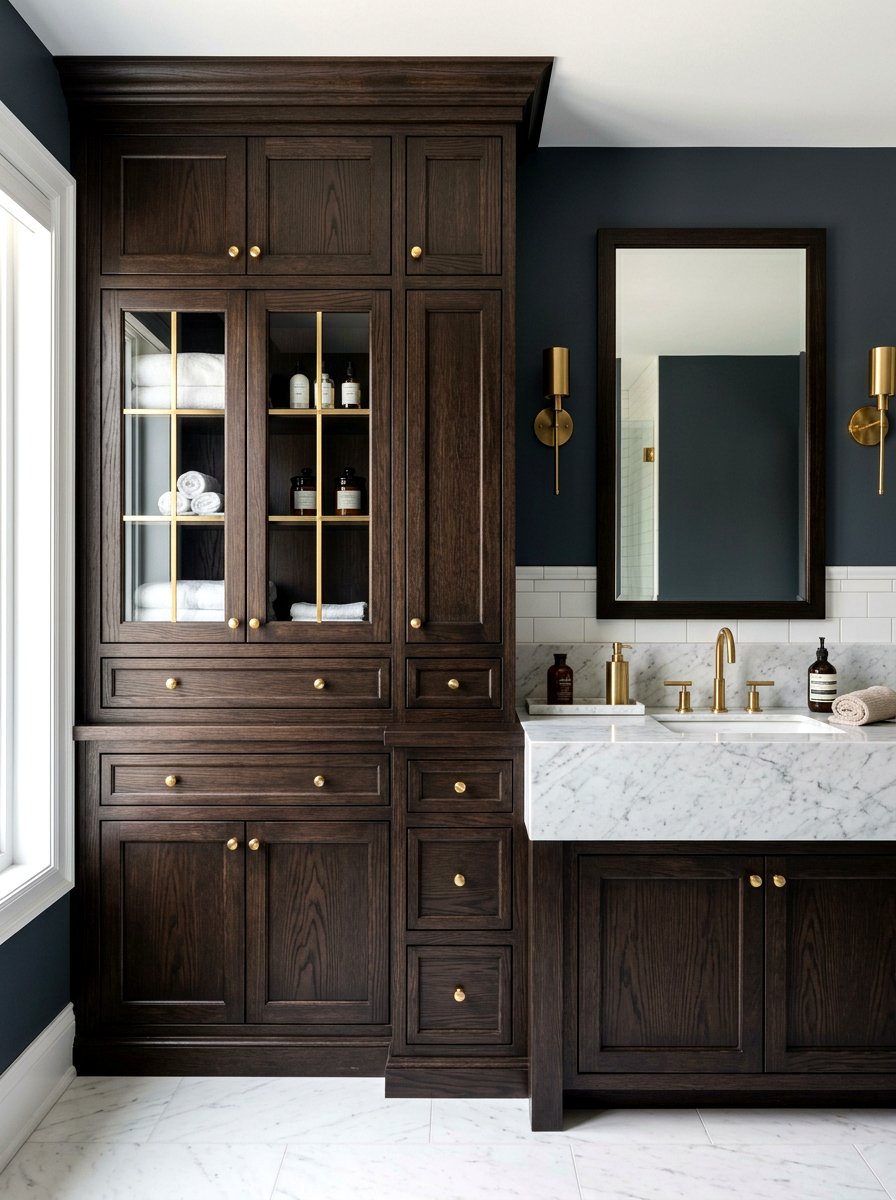 Dark Wood Vanity Tower - 30 vanity tower storage ideas