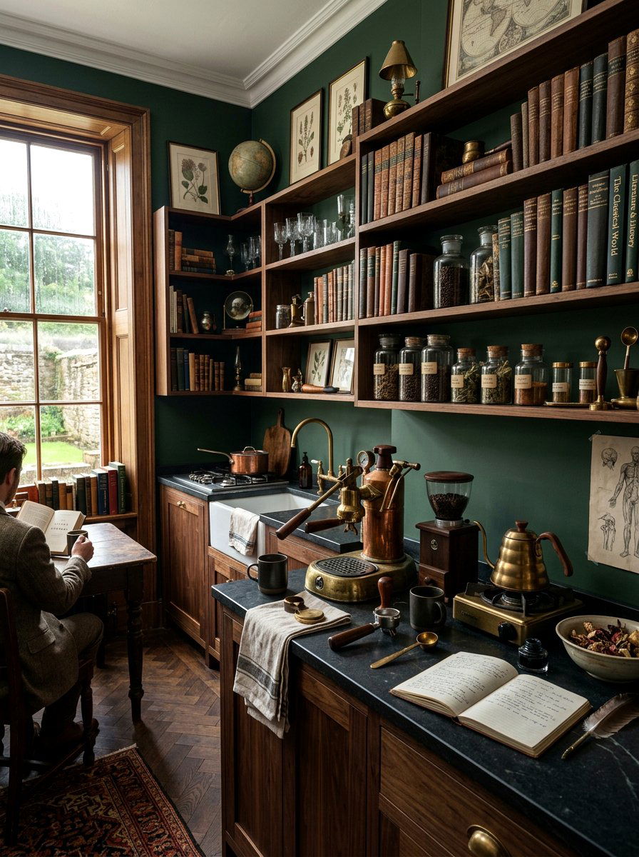 Dark academia kitchen - 30 home cafe kitchen ideas