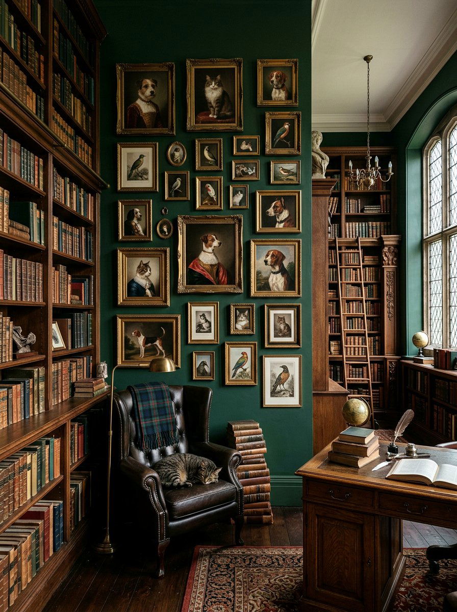 Dark academia pet gallery wall - 30 pet portrait wall ideas