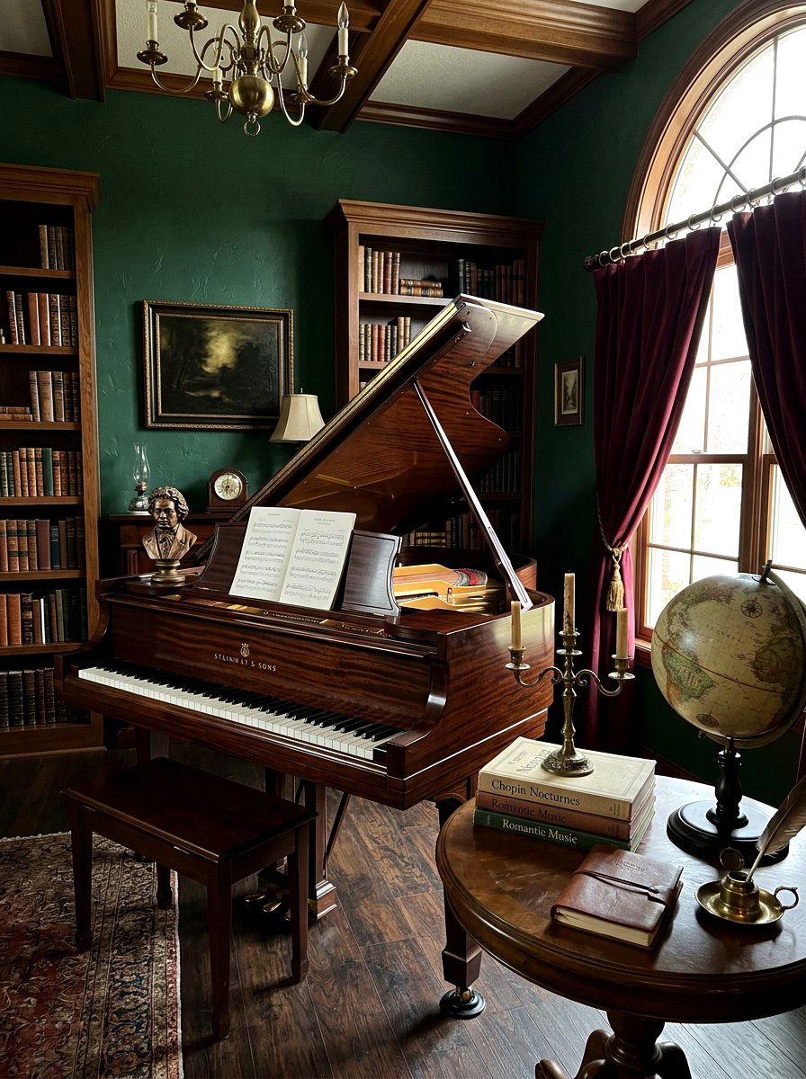 Dark academia piano room - 30 piano living room ideas