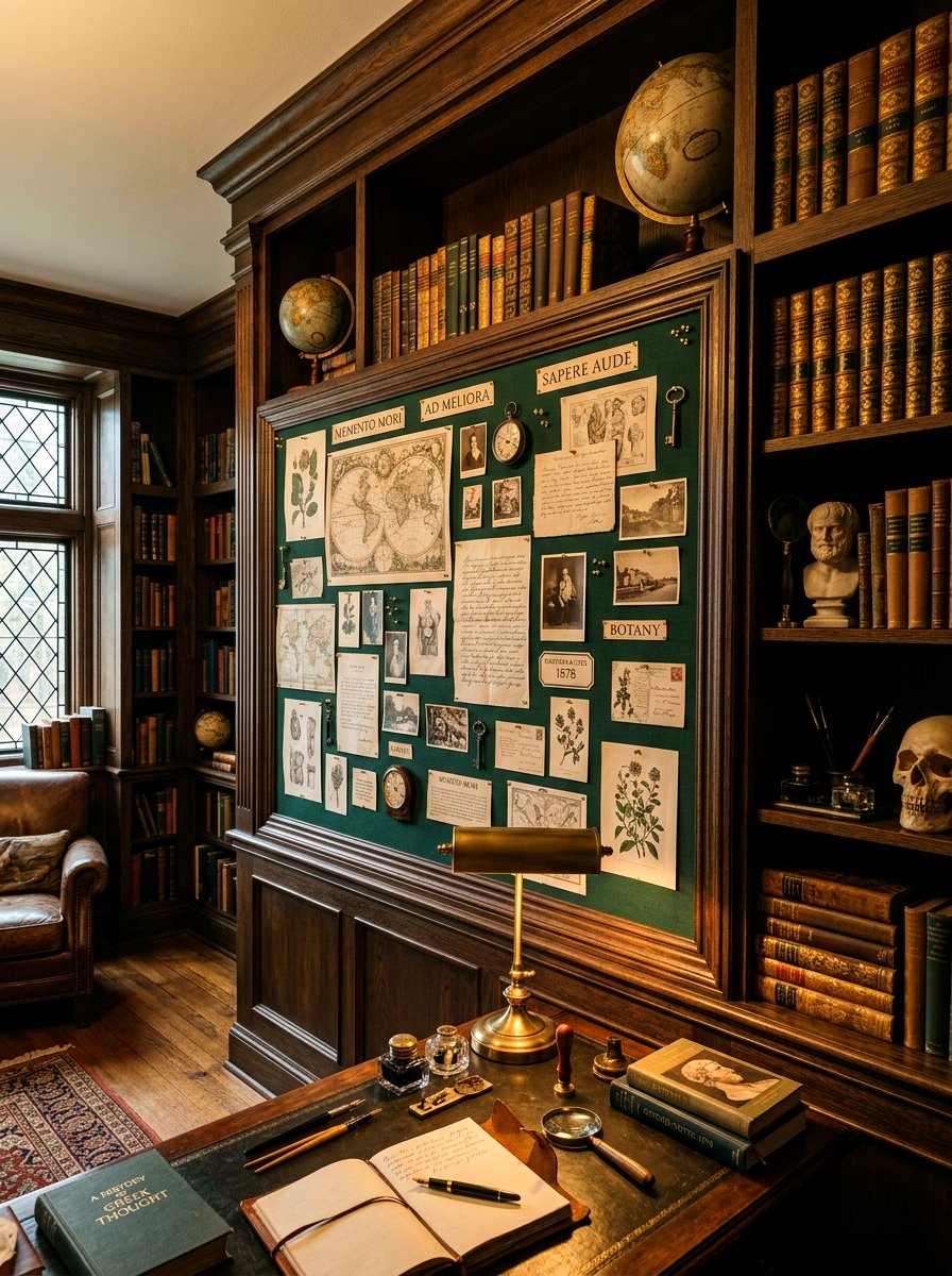 Dark academia pinboard wall - 30 pinboard office aesthetic ideas