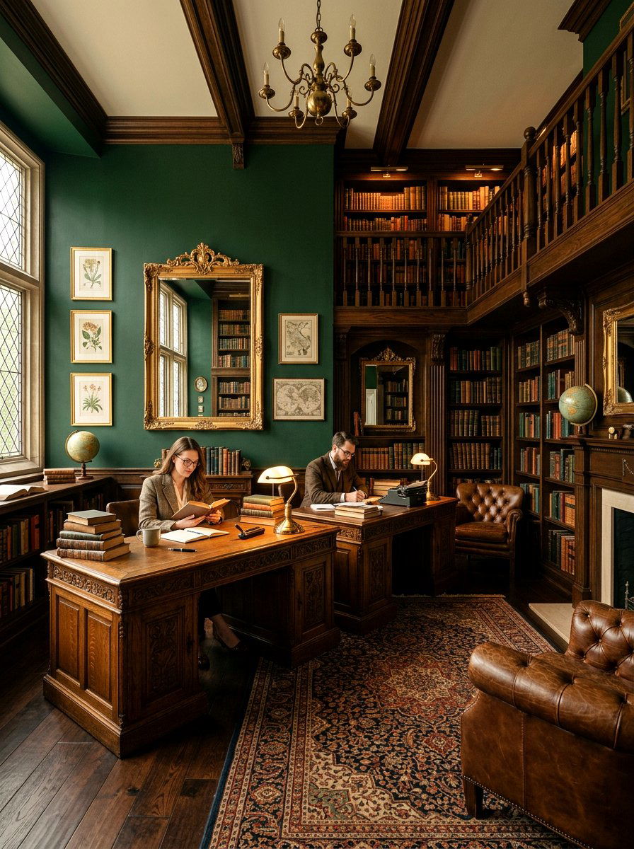 Dark academia shared home library - 30 double desk office ideas