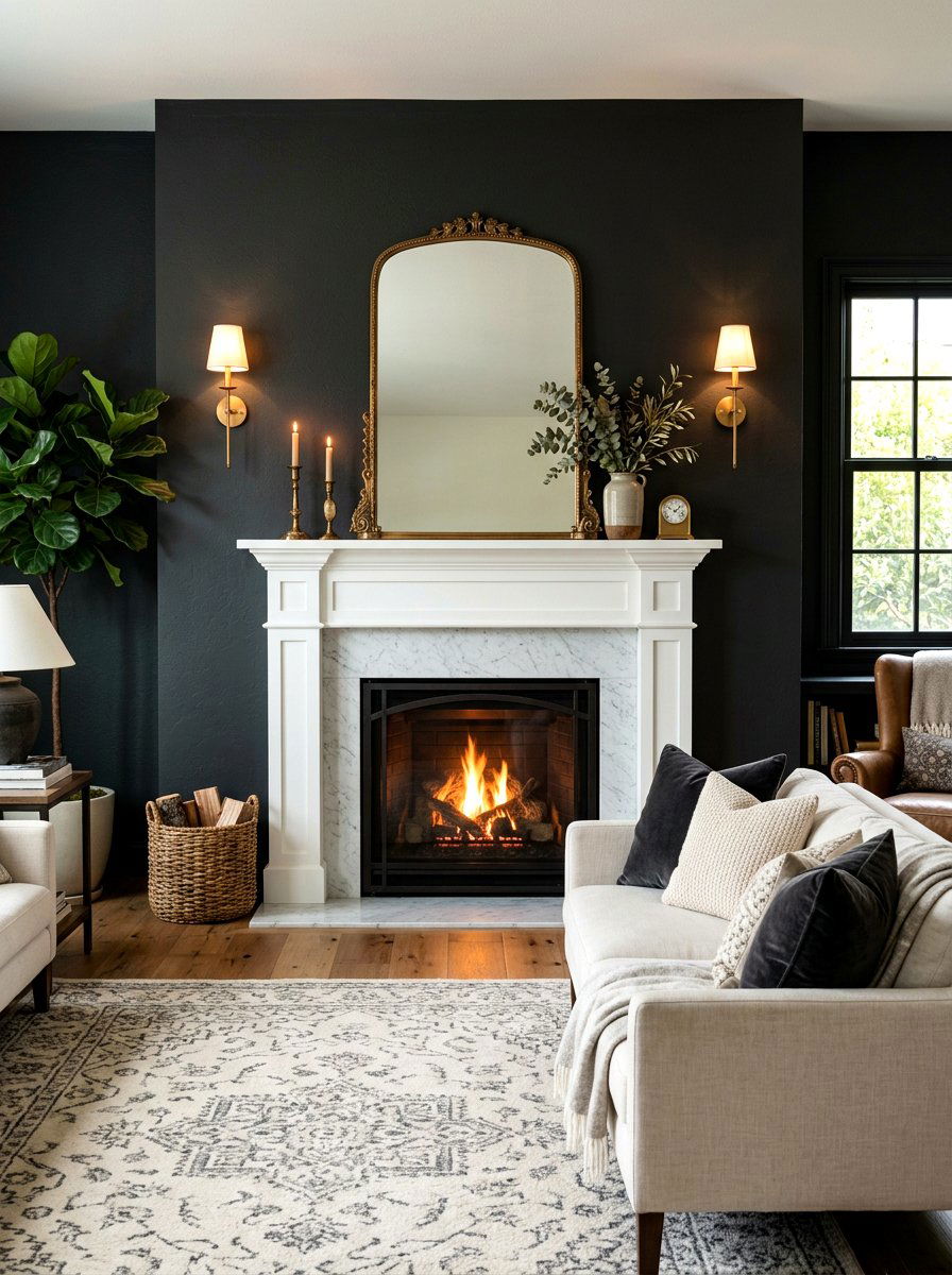 Dark accent wall with fireplace - 30 off center fireplace ideas