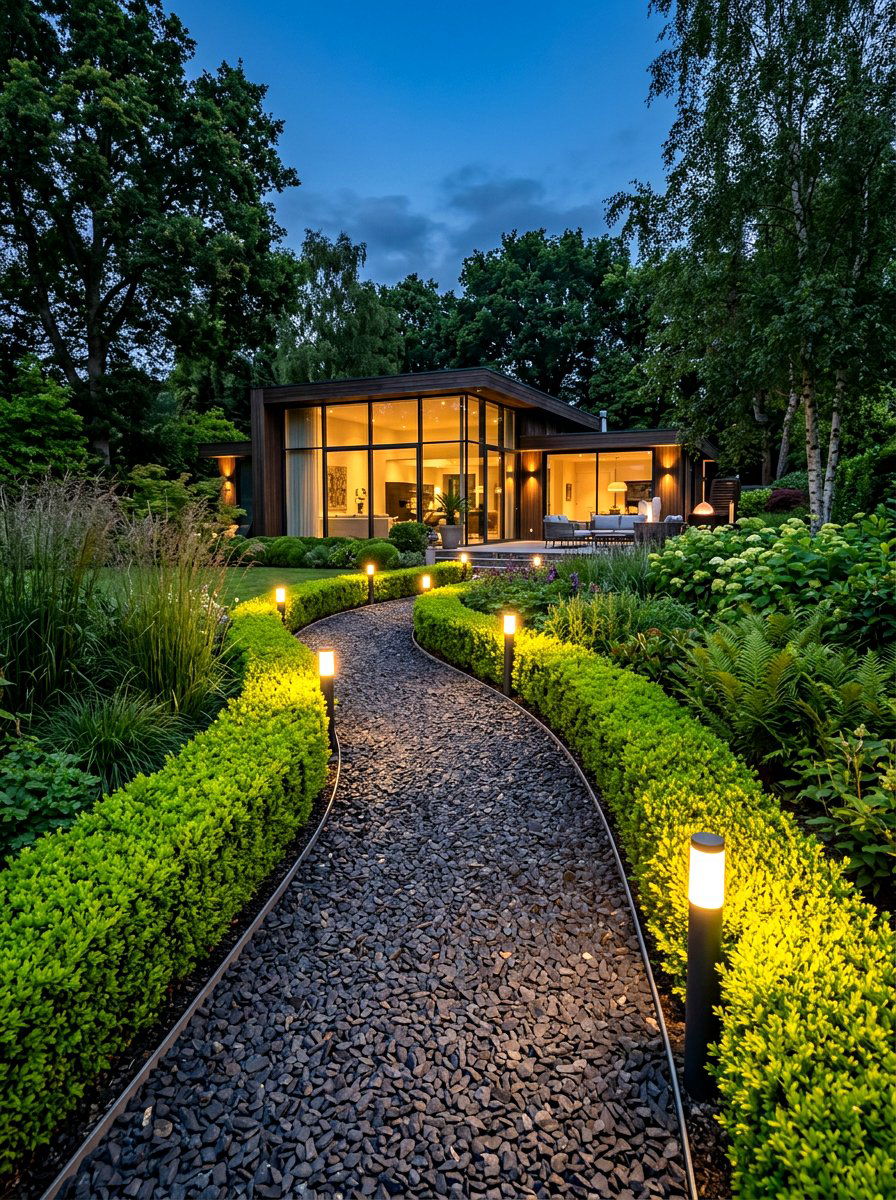 Dark basalt contemporary garden path - 30 gravel border garden ideas