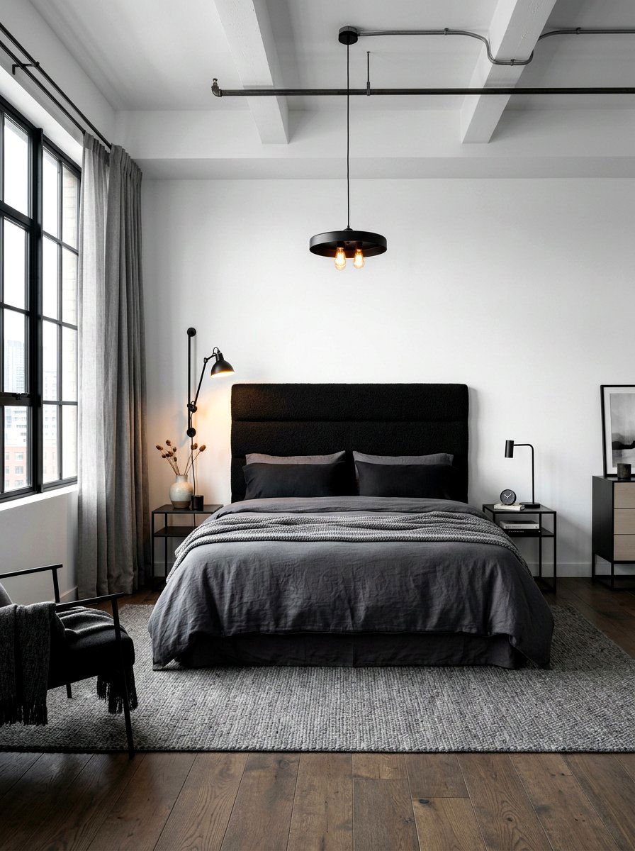Dark black boucle headboard - 30 boucle headboard ideas