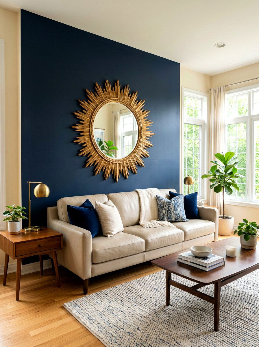 Dark blue accent wall beige room - 30 blue and beige living room ideas