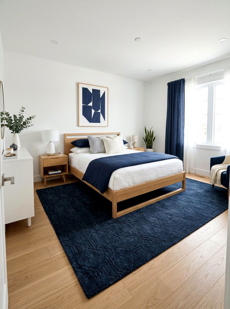 Dark blue area rug - 30 inky blue bedroom decor ideas
